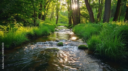 nature sounds  the serene trickle of a stream flowing through a vibrant forest creates a calming backdrop for relaxation and stress relief