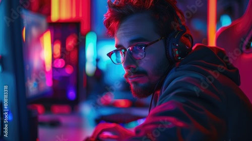 The picture of the gamer that playing the video game inside the room that fill with the neon light, the video game gamer require skills like patience, reflexes, adaptability and concentration. AIG43.
