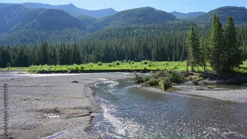  The Lamar River in the Lamar Valley of Yellowstone National Park. The scene is in the summer with green meadows in the background. Camera pans right to  left.