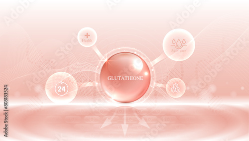 Glutathione serum drops over pink skin cells with cosmetic advertising. healthy life medical and dietary supplement. natural skin care cosmetic stimulate collagen. vector design. photo
