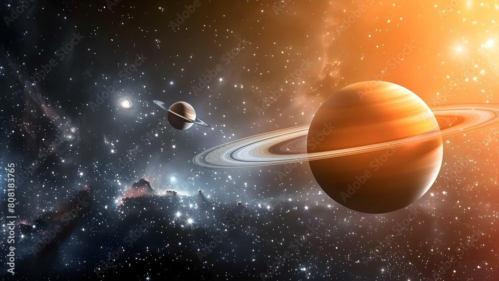 Fototapeta premium Saturn and moon with rings surrounded by stars and nebulas in space. Concept Space Photography, Galaxy Exploration, Saturn's Rings, Moon in Orbit, Cosmic Nebulas