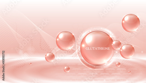 Glutathione serum drops over pink skin cells with cosmetic advertising. healthy life medical and dietary supplement. natural skin care cosmetic stimulate collagen. vector design.