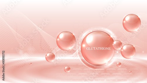 Glutathione serum drops over pink skin cells with cosmetic advertising. healthy life medical and dietary supplement. natural skin care cosmetic stimulate collagen. vector design.