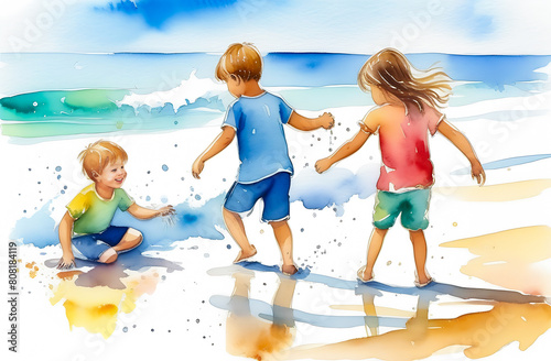 Watercolor drawing of children playing by the sea