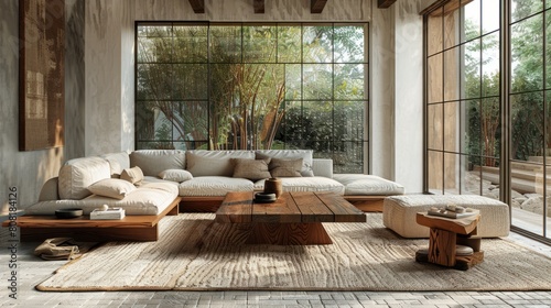 modern living space, warm and inviting living space featuring a modern wooden coffee table, a simple sofa with plush pillows, and a cozy wool rug, illuminated by sunlight
