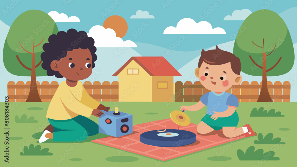 Two toddlers sit on a blanket in the backyard playing with toys as their parents spin a childrens record on an old record player filling the air with. Vector illustration Two toddlers sit on a blanket in the backyard playing with toys as their parents spin a childrens record on an old record player filling the air with. Vector illustration