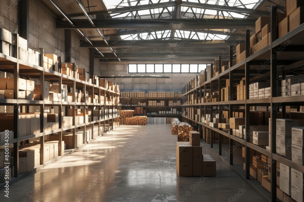 warehouse interior with shelves of packages and boxes ready for shipping industrial 3d render