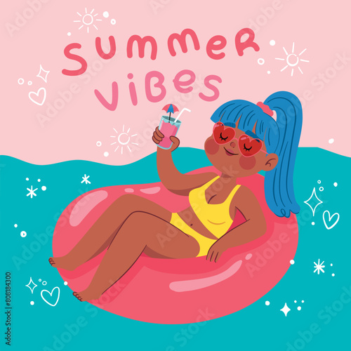 Flat summer vibes illustration with woman having a cocktail at the pool