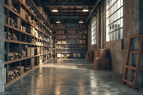 warehouse interior with shelves of packages and boxes ready for shipping industrial 3d render © furyon