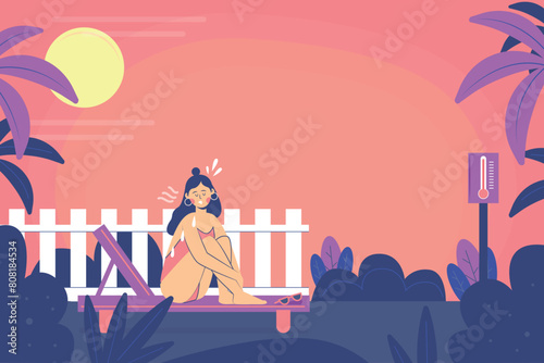 Flat summer heat background with woman on beach chair