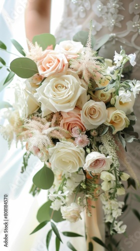 A stunning bride showcasing a bouquet of white and peach flowers