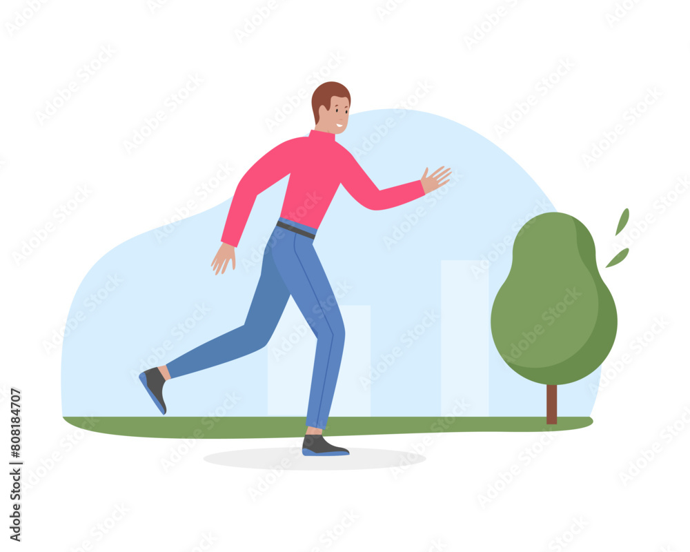 Happy man walking along street of summer city, cityscape with buildings and tree vector illustration