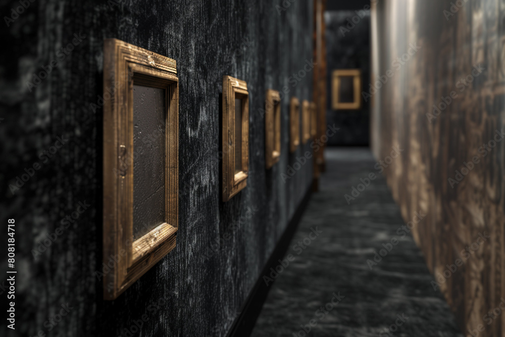 From an side perspective, a gallery corridor adorned with a row of small, elegant wooden frames against a luxurious black velvet wall