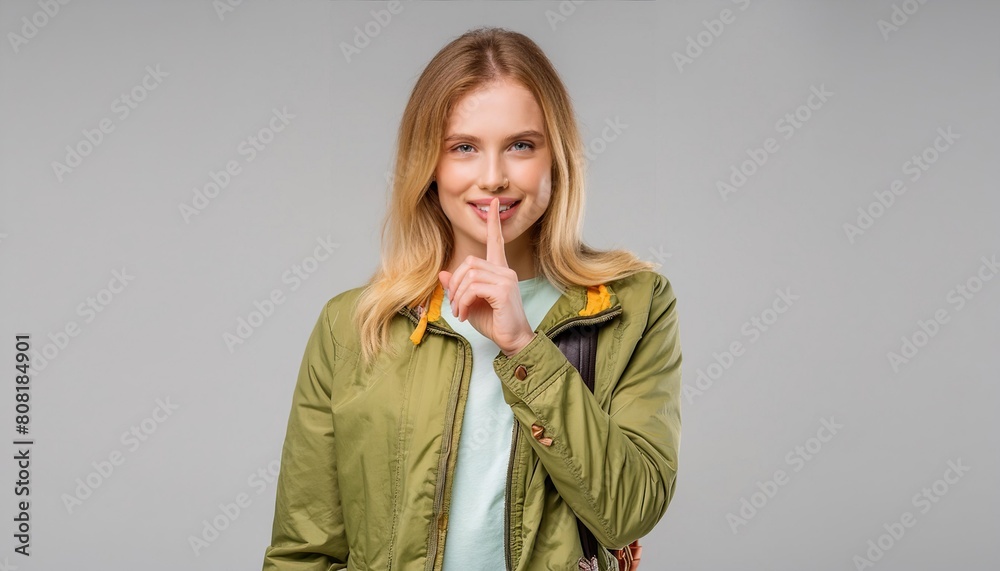 Young secret smiling Caucasian woman she wearing casual clothes saying hush be quiet with finger on lips shhh gesture isolated on grey background Young secret smiling Caucasian woman she wearing casual clothes saying hush be quiet with finger on lips shhh gesture isolated on grey background
