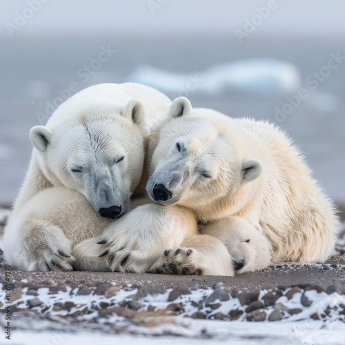 A striking photograph capturing a family of polar bears seeking new habitat due to melting ice and isolation from food sources caused by global warming.