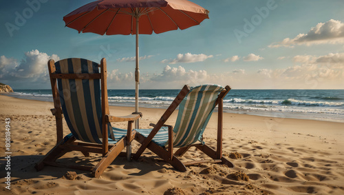 Two beach chairs are on the sand with an umbrella providing shade.