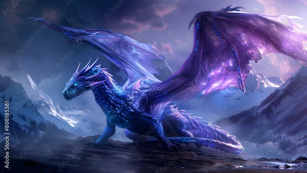 In a Fantasy World, a Majestic Dark Dragon Spreads Its Wings Against a Mountain Backdrop. Concept Fantasy, Dark Dragon, Majestic, Mountain, Wings