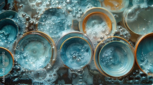 Top view at dirty plates laying in water with soap bubbles.