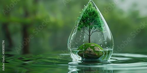 water drop on green leaf  Tree inside a water drop 