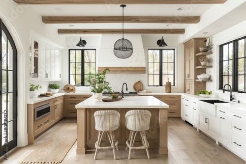 a modern kitchen with countertop pantry and dining area advertising photography