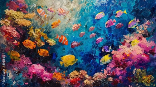 underwater marine life  colorful fish swirling around detailed coral formations  creating a mesmerizing spectacle in the tropical underwater paradise