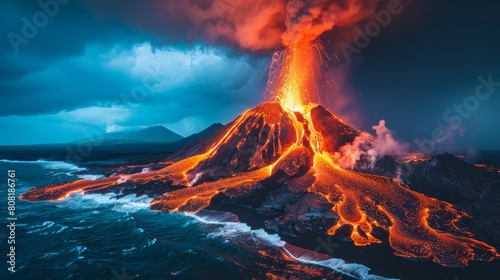  A volcano erupting, casting lava into the ocean on a cloudy day; the dark blue sky dotted with white clouds