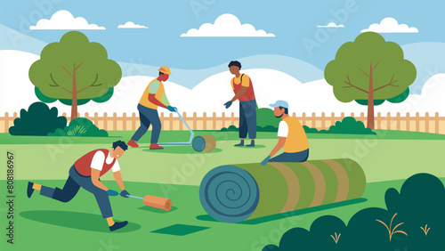 Workers laying down large rolls of sod to create a large grassy area for the parks recreational space with swings and benches already in place.. Vector illustration