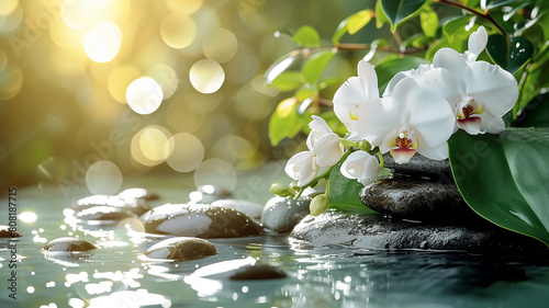 Elegant white orchid blossom lying on smooth  wet stones beside tranquil water  captured with beautiful sunlight and bokeh  ideal for spa and wellness themes.