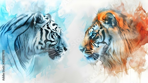 Artwork features Bengal tiger and male lion facing off in watercolor style. Concept Wildlife Art, Watercolor Painting, Bengal Tiger, Male Lion, Animal Face-off © Anastasiia