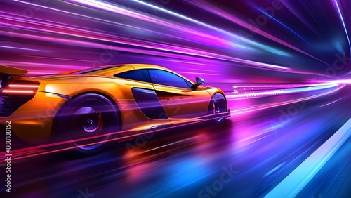 Close-up picture of a yellow sports car in motion with blurred lights on the side. Concept Automotive Photography, Speed Motion, Close-up Shot, Yellow Sports Car, Blurred Lights