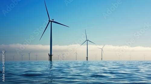 Wind turbines standing in ocean water under a clear sky, with distant fog. Sustainable energy and marine ecosystem. Design for environmental campaign, renewable energy poster, eco-friendly brochure.