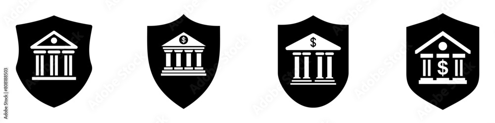 Shield icon with bank building symbol. Vector illustration. Security shield protection. Money security concept. Shield icon with bank building symbol. Vector illustration. Security shield protection. Money security concept.