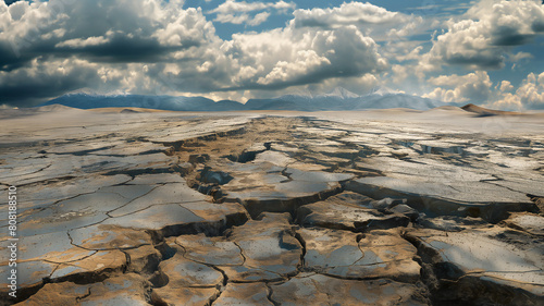 Expansive cracked terrain under dramatic clouds  with distant snowy mountains and vast desert landscape.