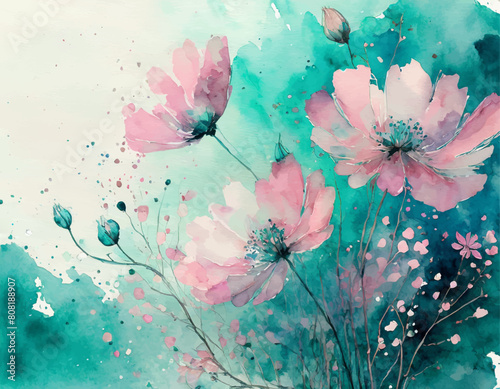 Beautiful pink watercolor flowers on a turquoise background. Drawing with color brush strokes, floral vector pattern. 