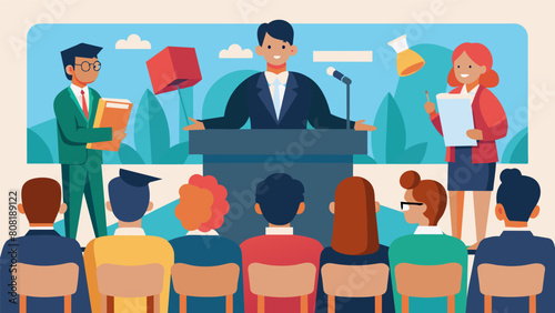 A town hall meeting where politicians and educators hear testimony from students struggling with immense amounts of student loan debt.. Vector illustration