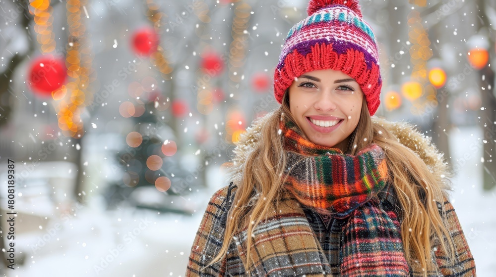 scarf swathed around, knitted hat crowned with pom pom scarf swathed around, knitted hat crowned with pom pom