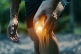 Elderly or Senior man hands hold on his knee or suffering from pain in knee while exercise at backyard. Injury, Knee pain