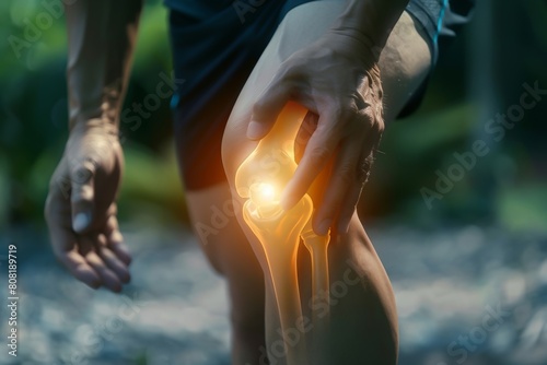 Elderly or Senior man hands hold on his knee or suffering from pain in knee while exercise at backyard. Injury, Knee pain photo