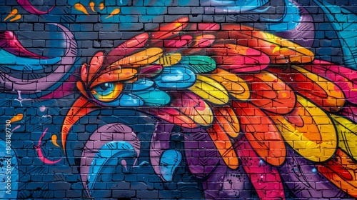 vivid graffiti on brick wall with intricate designs, showcasing urban street art concept and vibrant colors