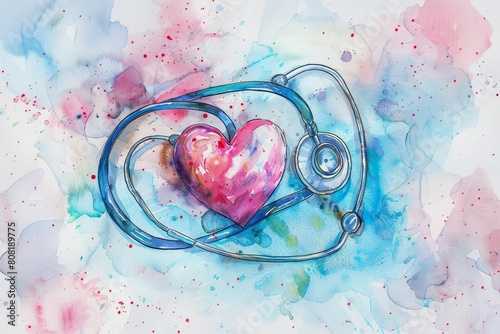 A watercolor of medical illustrating a stethoscope and heart in vintage styles, Simple detail clipart cute watercolor on white background photo