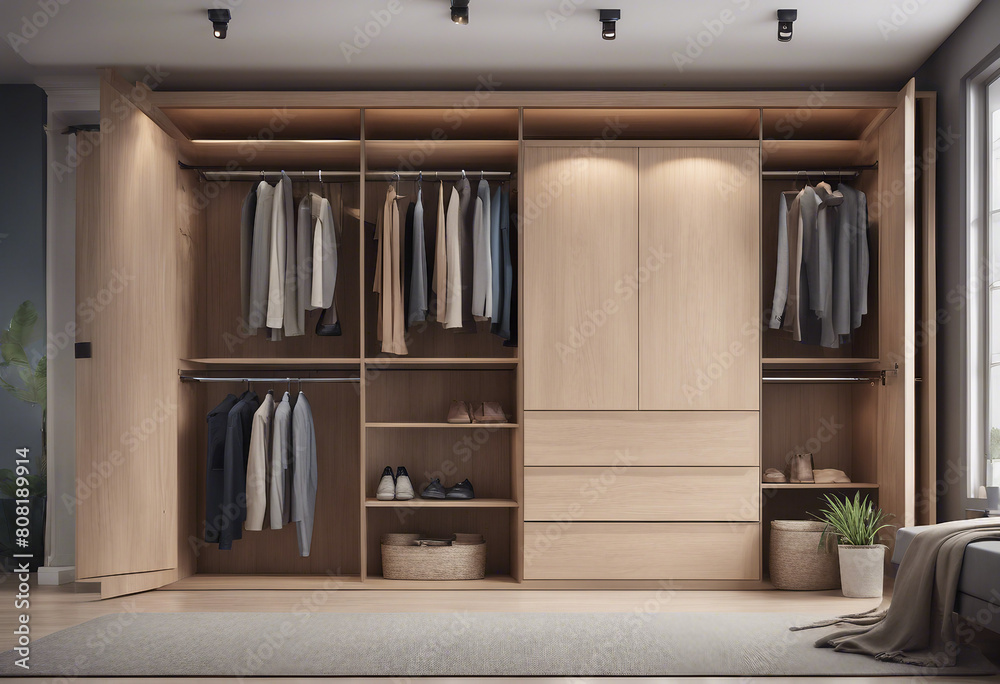 Modern wooden wardrobe with clothes hanging on rail in walk in closet design interior 3D render Modern wooden wardrobe with clothes hanging on rail in walk in closet design interior 3D render