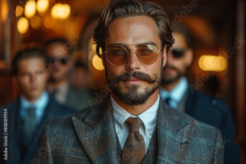 Confident bearded man in classic attire wearing sunglasses with blurred peers in background