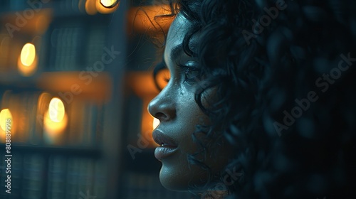  A women's face, tightly framed, hovers before a well-lit bookshelf Background lights glow, casting an inviting warmth