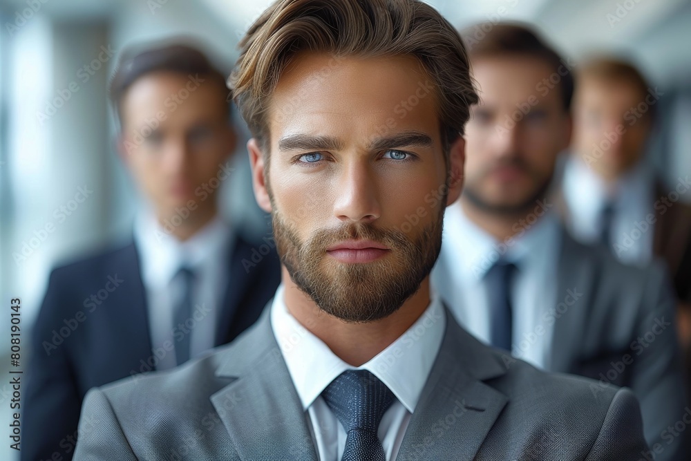 A focused image of a confident businessman in a grey suit set against a blurred background of colleagues