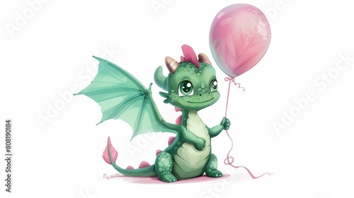 cute baby dragon with balloon