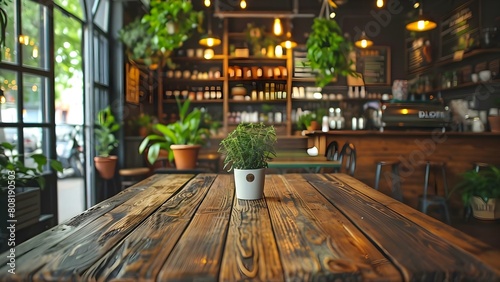 Rustic wooden table in an eco-friendly coffee shop adorned with green plants. Concept Eco-Friendly Coffee Shop  Wooden Table Decor  Green Plants  Rustic Atmosphere