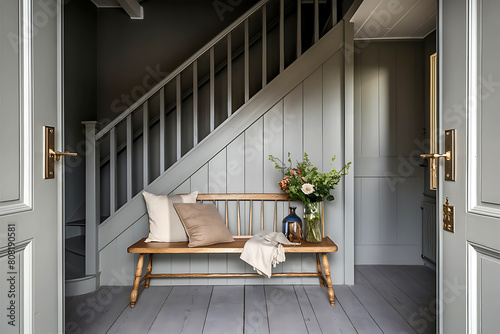 Wooden bench against grey wall and staircase. Scandinavian, rustic farmhouse interior design of modern entryway.