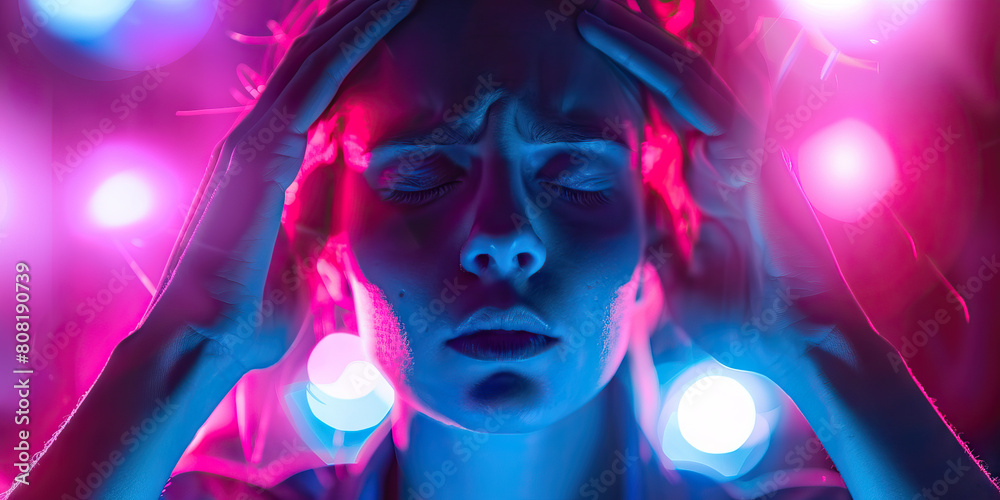 Migraine Misery: The Intense Headache and Light Sensitivity - Picture a person holding their head in pain, with bright lights causing discomfort, illustrating the symptoms of a migraine headache