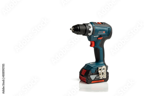 Side view of cordless drill driver power tool with 18V battery pack, isolated on a white background with copy space;.