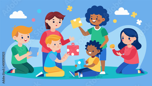A group of students with autism participating in a sociodramatic play activity using their imaginations and social skills to create a story together.. Vector illustration